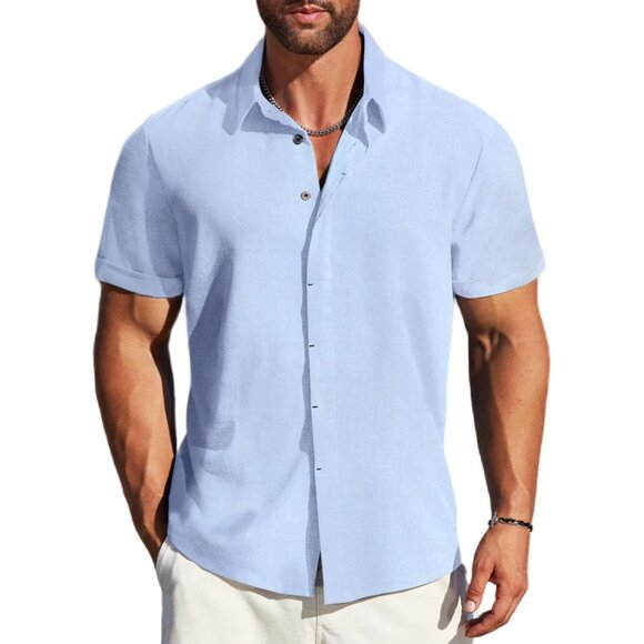 Men's Light Blue Linen Short Sleeve Button Down Casual Shirt Business Dress - Picture 1 of 6